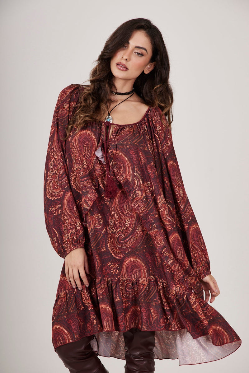 Vestido Curto Bordô Estampa Cashmere Yacamim D18