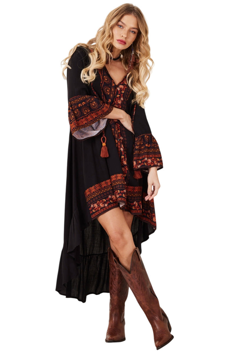 Vestido Mullet Mangas 3/8 Preto Estampado Yacamim D27