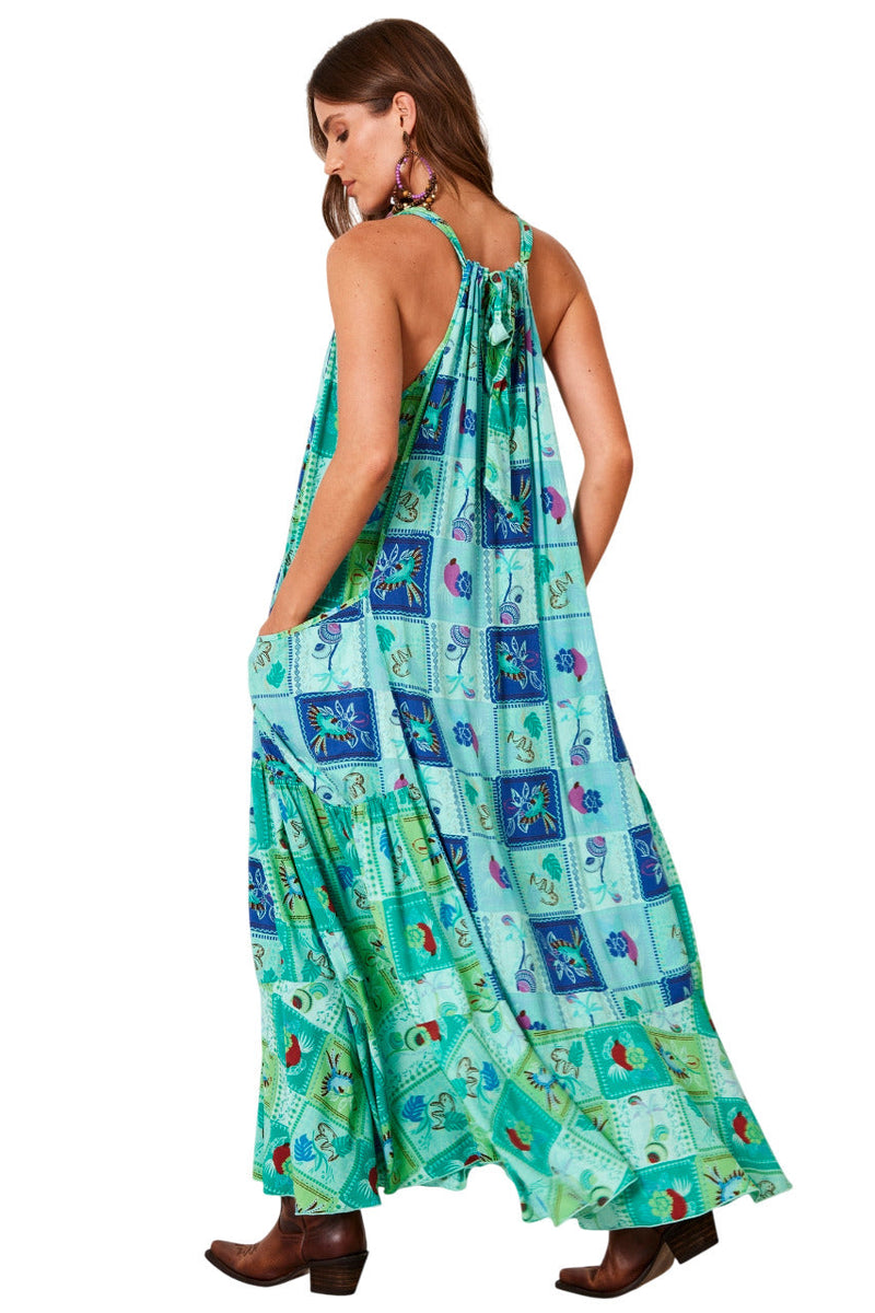 Vestido Longo Amplo Verde Patchwork Estampa Geométrica Yacamim D13