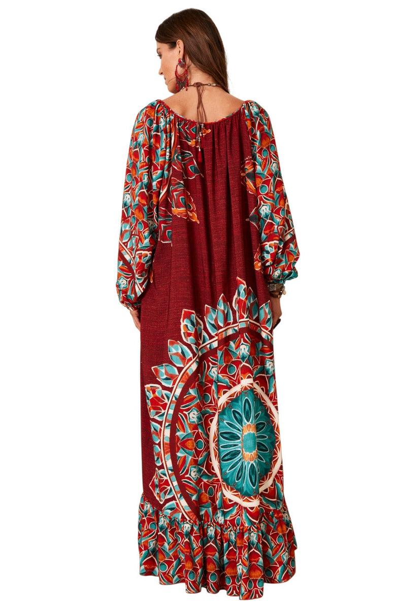 Vestido Longo Terracota Estampa De Mandalas Yacamim E2