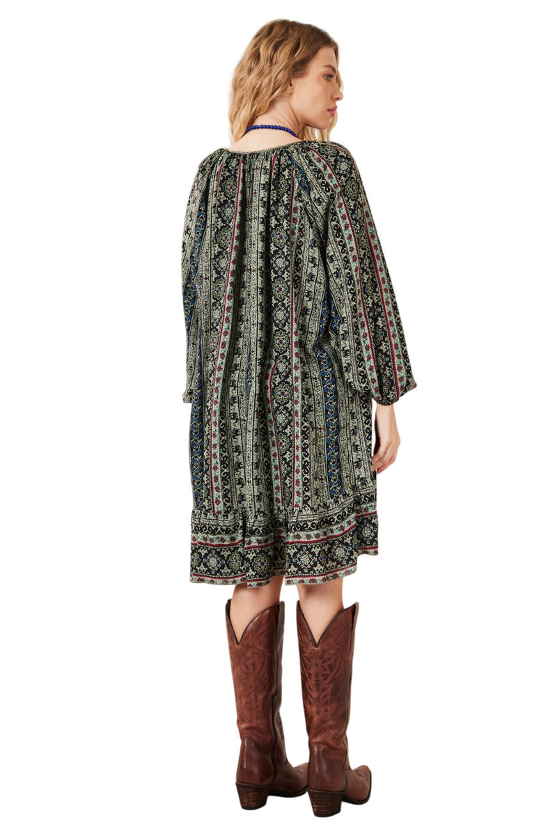 Vestido Curto Com Mangas Bufantes Verde Estampa Indiana Yacamim D2