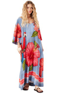 Vestido Longo Decote Ombro A Ombro Azul Estampa Arara Yacamim D27