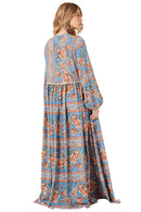 Vestido Longo Com Mangas Bufantes Azul Cashmere Yacamim E26