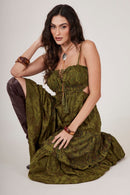 Vestido Longo De Alças Verde Musgo Estampa cashmere Yacamim C15