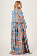 Vestido Longo Com Mangas Bufantes Azul Cashmere Yacamim E26