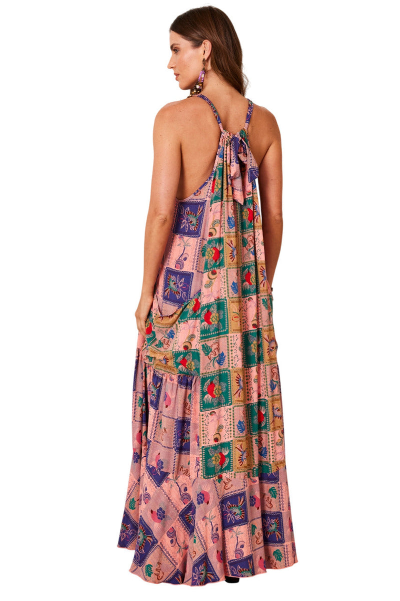 Vestido Longo Amplo Rosa Estampa Geométrica Yacamim E8