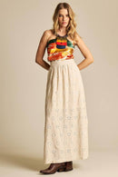 Saia Longa De Linho Evasê Bege Bordada Yacamim I8