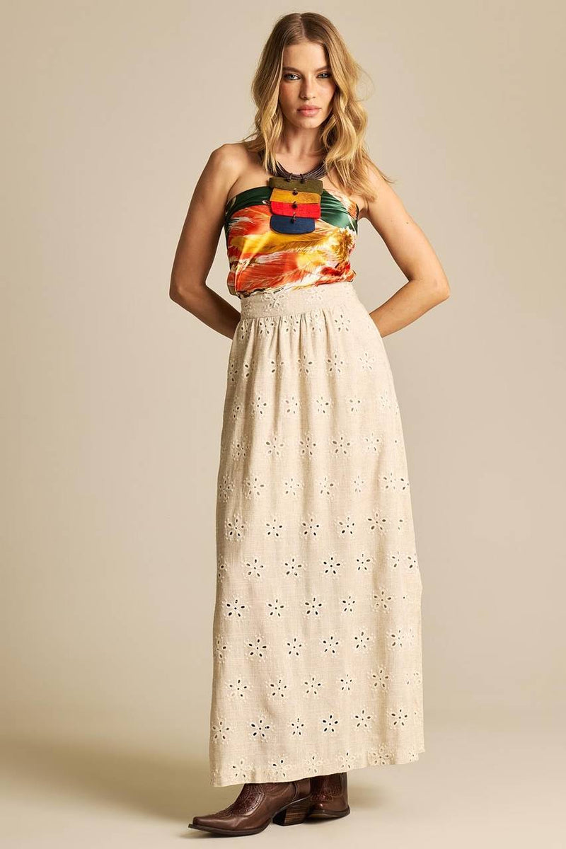 Saia Longa De Linho Evasê Bege Bordada Yacamim I8