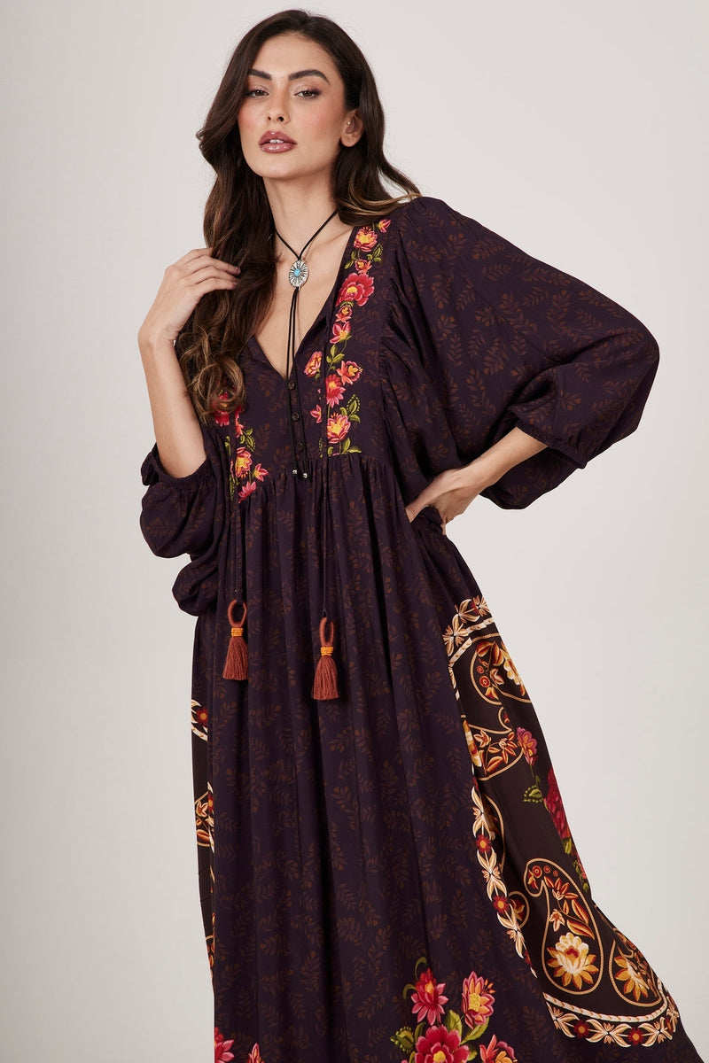 Vestido Longo Marrom Escuro Estampa Cashmere Yacamim E23