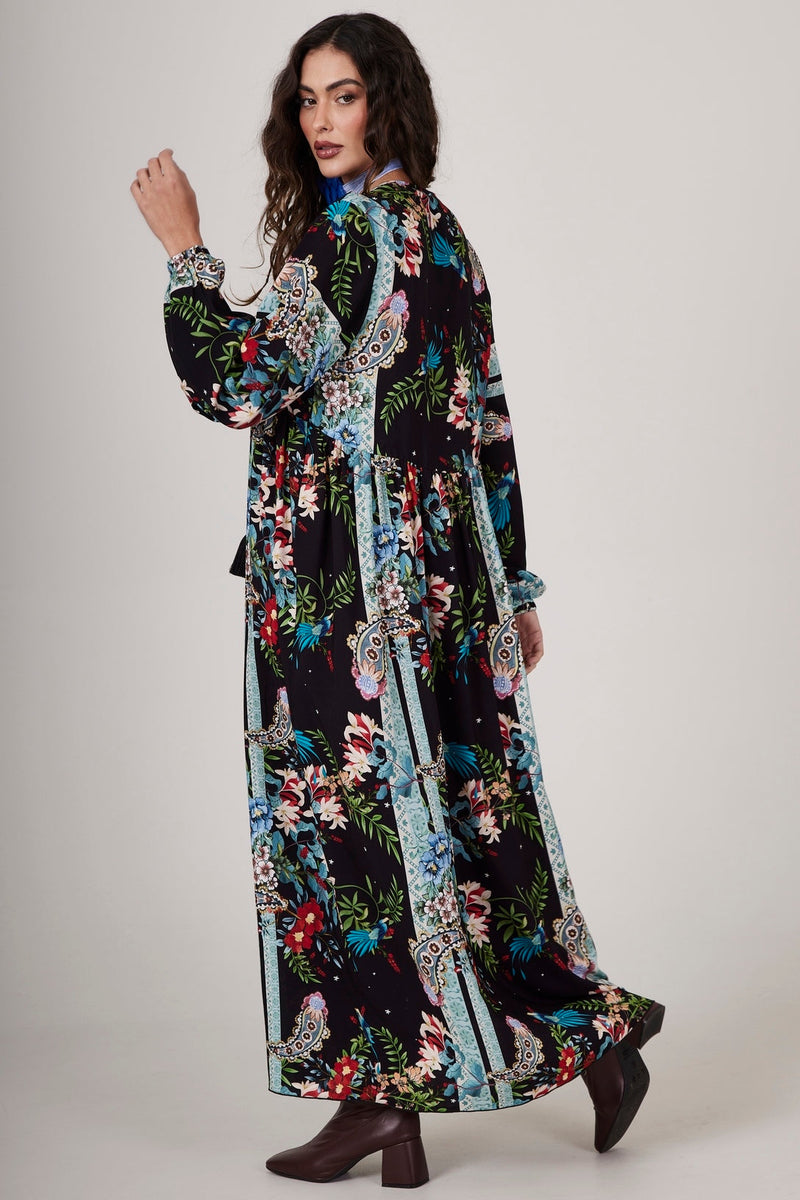 Vestido Longo Preto Estampa Cashmere Yacamim D1