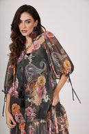 Vestido Longo De Tule Verde Escuro Estampa Cashmere Yacamim E14