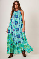 Vestido Longo Amplo Verde Patchwork Estampa Geométrica Yacamim D13