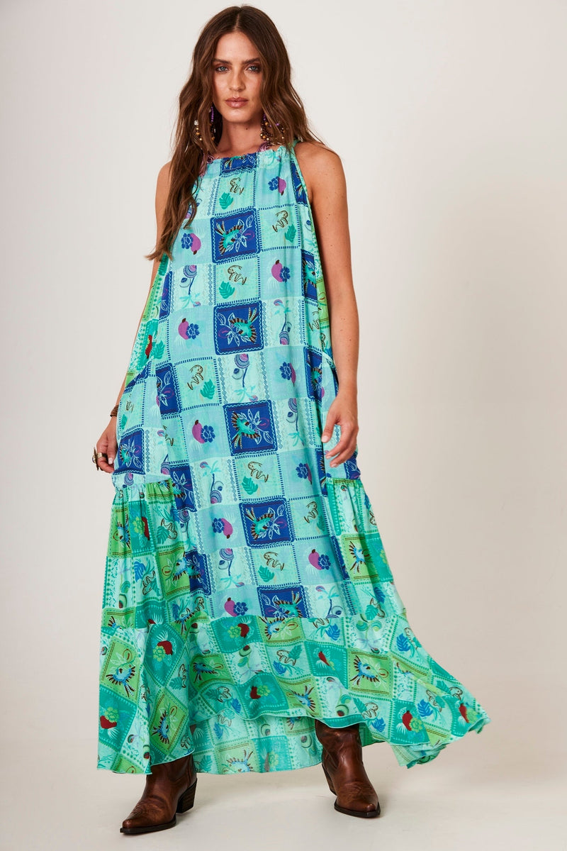 Vestido Longo Amplo Verde Patchwork Estampa Geométrica Yacamim D13