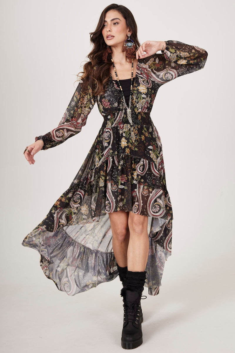 Vestido Mullet De Tule Preto Estampa Cashmere Yacamim E5