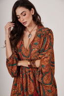 Vestido Longo Marrom Estampa Cashmere Yacamim D11