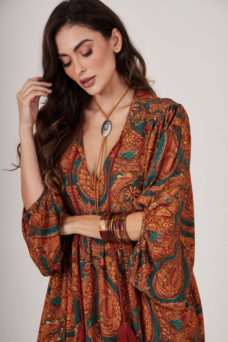 Vestido Longo Marrom Estampa Cashmere Yacamim D11