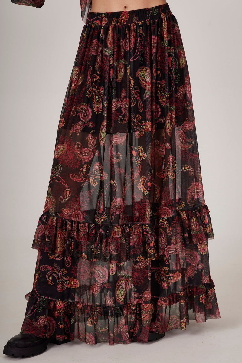 Saia Longa De Tule Preta Estampa Cashmere Yacamim A20