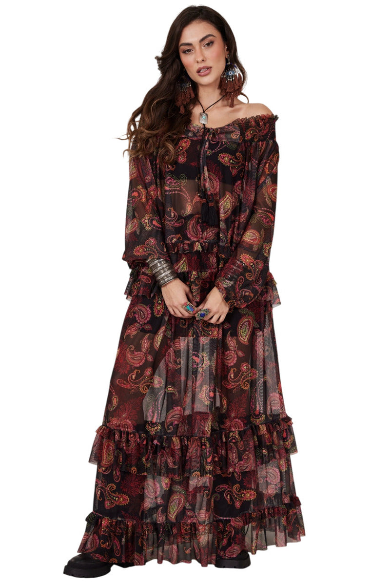 Saia Longa De Tule Preta Estampa Cashmere Yacamim A20