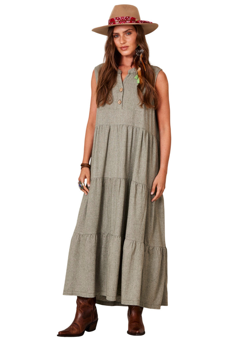 Vestido Longo Regata 3 Babados De Linho Verde Yacamim D1