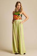 Calça Saruel De Linho Verde Listrado Yacamim H6