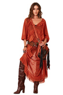 Vestido Longo De Tule Com Babados Terracota Yacamim D3