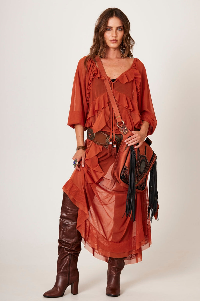 Vestido Longo De Tule Com Babados Terracota Yacamim D3