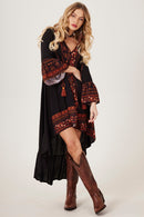 Vestido Mullet Mangas 3/8 Preto Estampado Yacamim D27