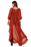 Vestido Longo De Tule Com Babados Terracota Yacamim D3