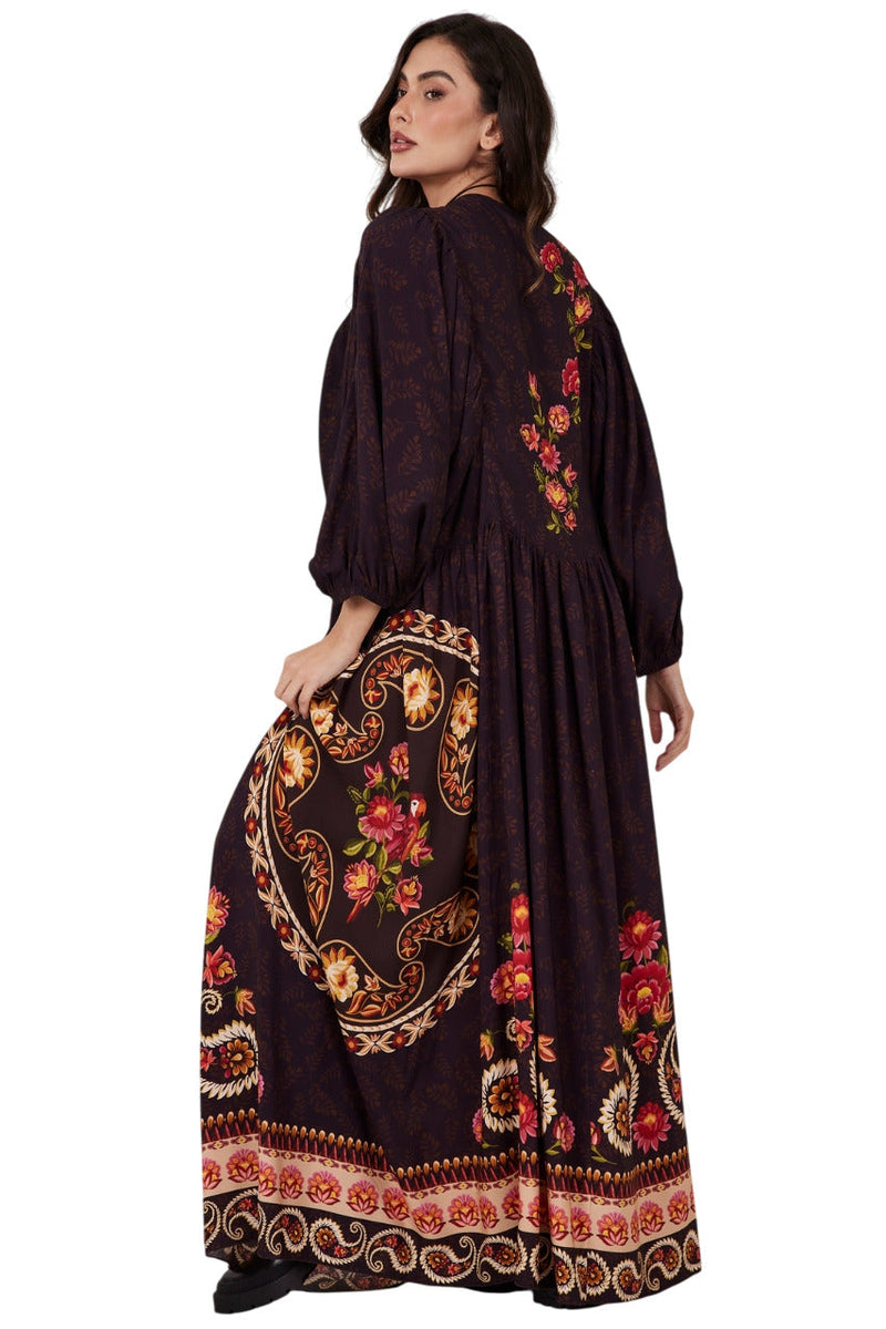 Vestido Longo Marrom Escuro Estampa Cashmere Yacamim E23