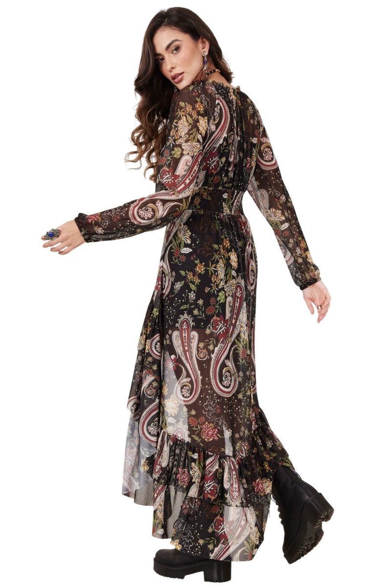 Vestido Mullet De Tule Preto Estampa Cashmere Yacamim E5