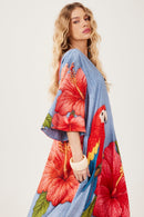 Vestido Longo Decote Ombro A Ombro Azul Estampa Arara Yacamim D27