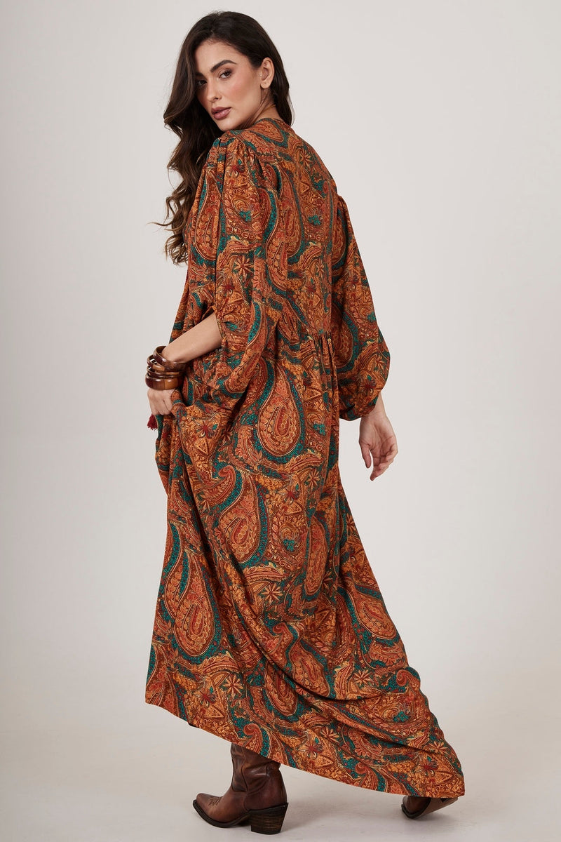 Vestido Longo Marrom Estampa Cashmere Yacamim D11