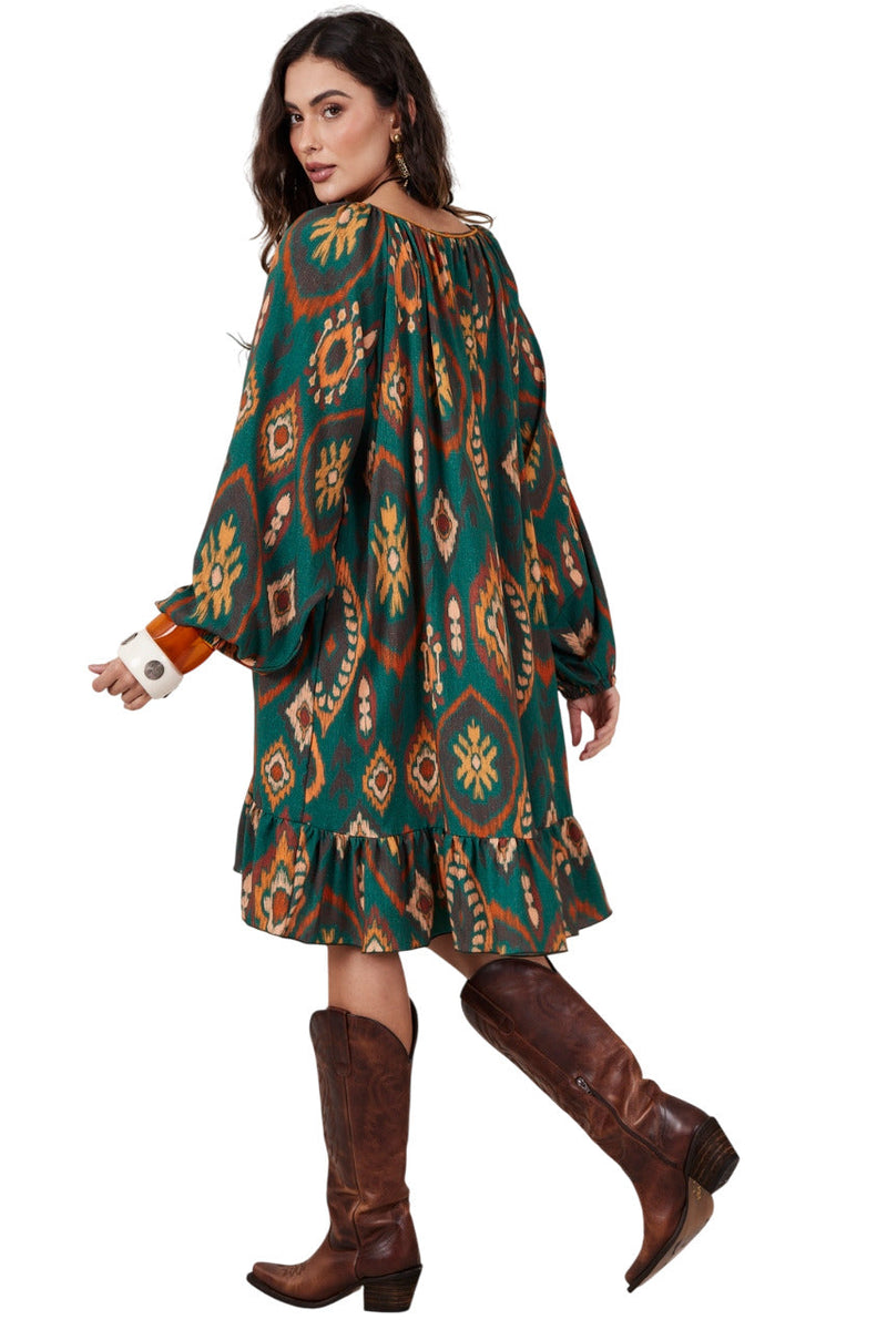 Vestido Curto Verde Escuro Estampado Yacamim D14