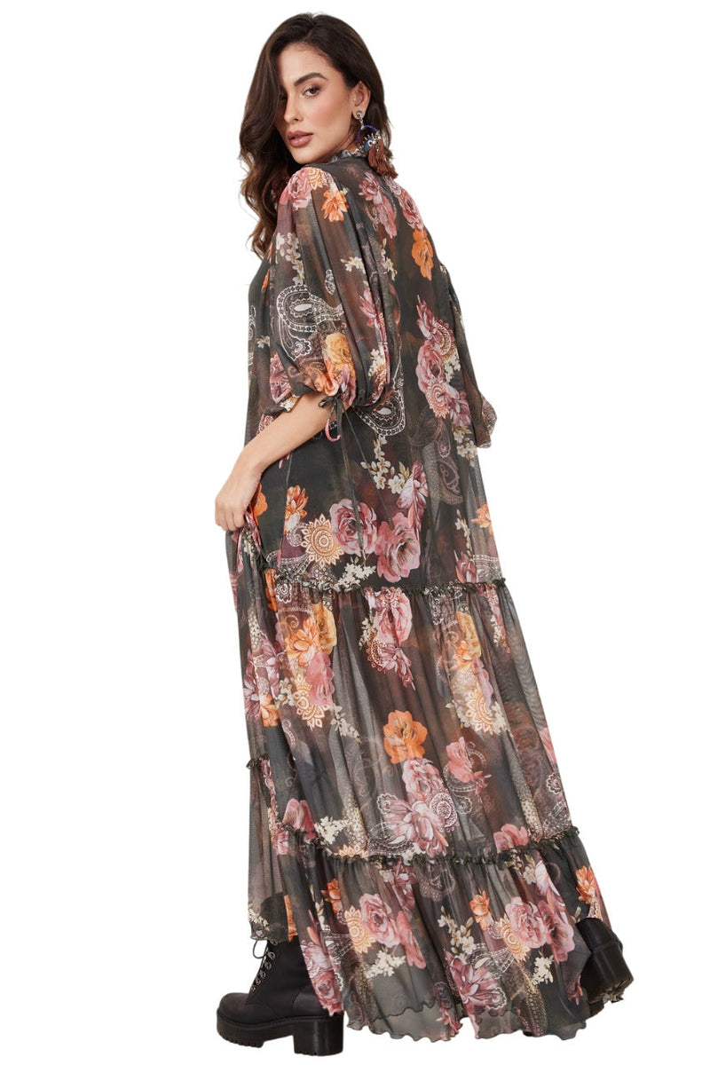 Vestido Longo De Tule Verde Escuro Estampa Cashmere Yacamim E14