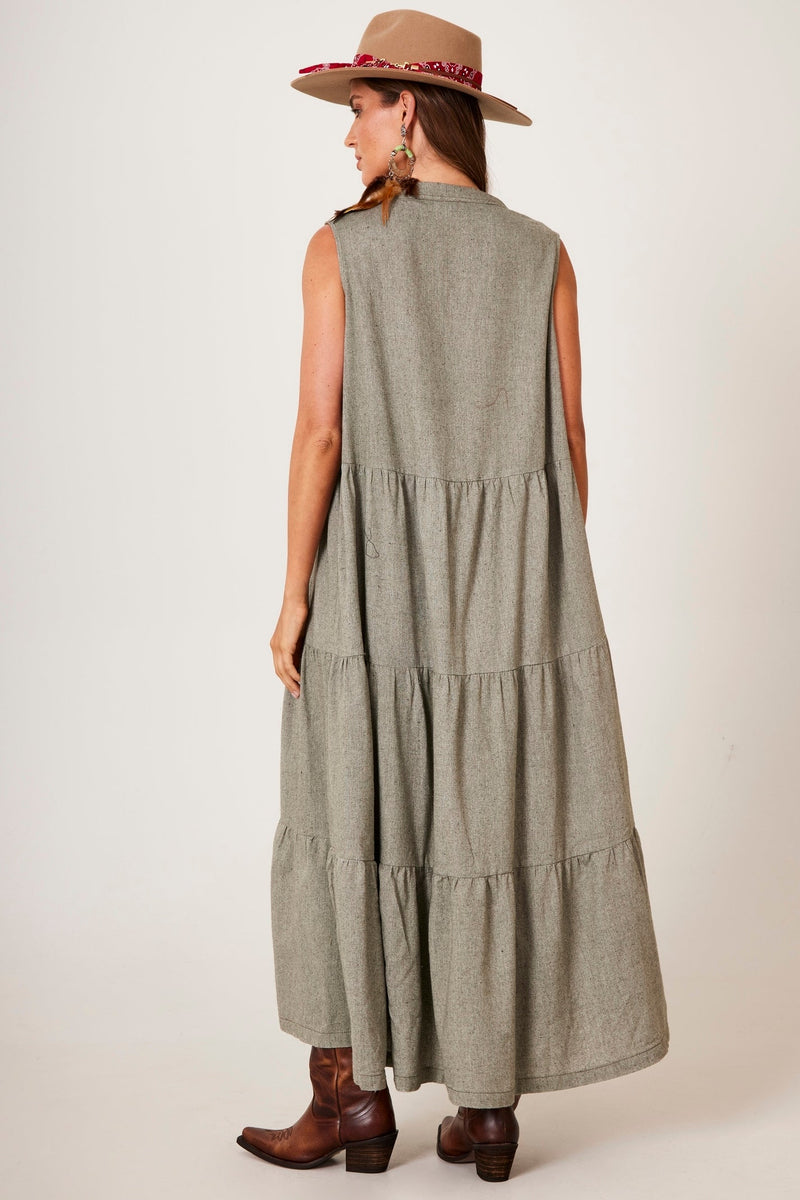 Vestido Longo Regata 3 Babados De Linho Verde Yacamim D1