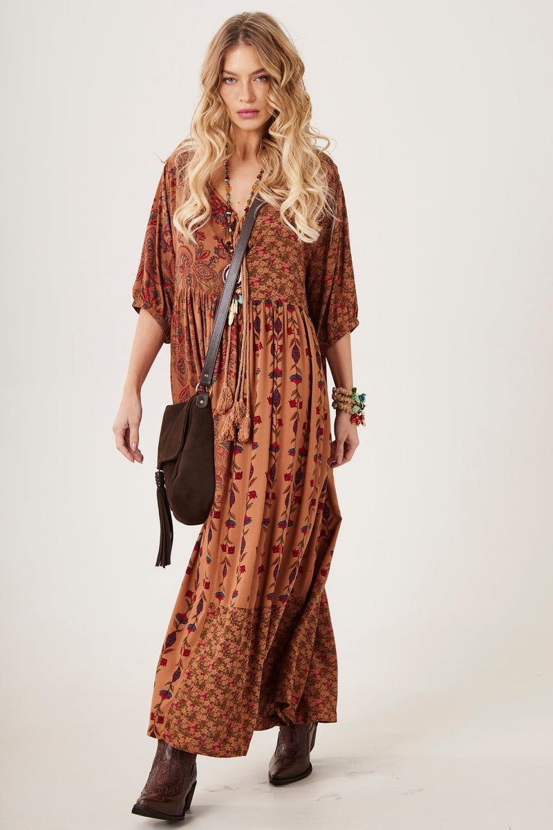 Vestido Longo Estampado Marrom patchwork Yacamim E2