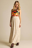 Saia Longa De Linho Evasê Bege Bordada Yacamim I8