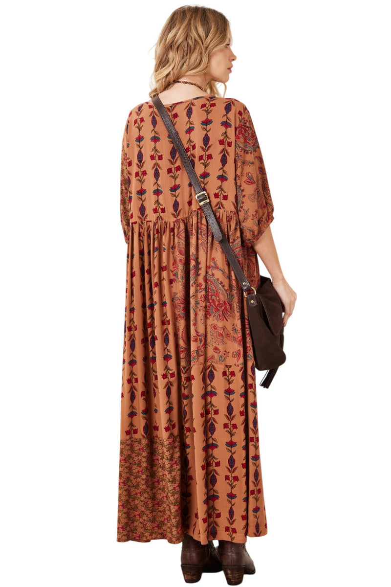 Vestido Longo Estampado Marrom patchwork Yacamim E2