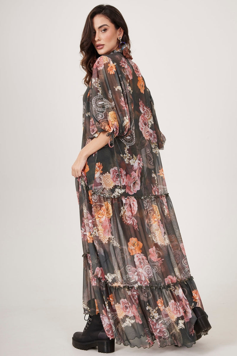 Vestido Longo De Tule Verde Escuro Estampa Cashmere Yacamim E14