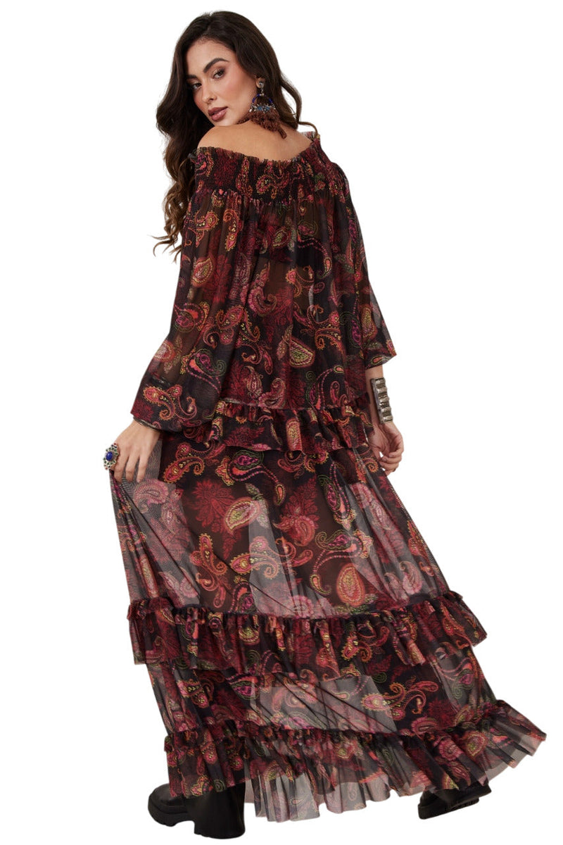 Saia Longa De Tule Preta Estampa Cashmere Yacamim A20