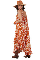 Vestido Longo Com Alças Reguláveis Laranja Estampado Yacamim C2