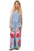 Calça Pantalona Bolsos Atrás Azul Estampa Araras Yacamim A9