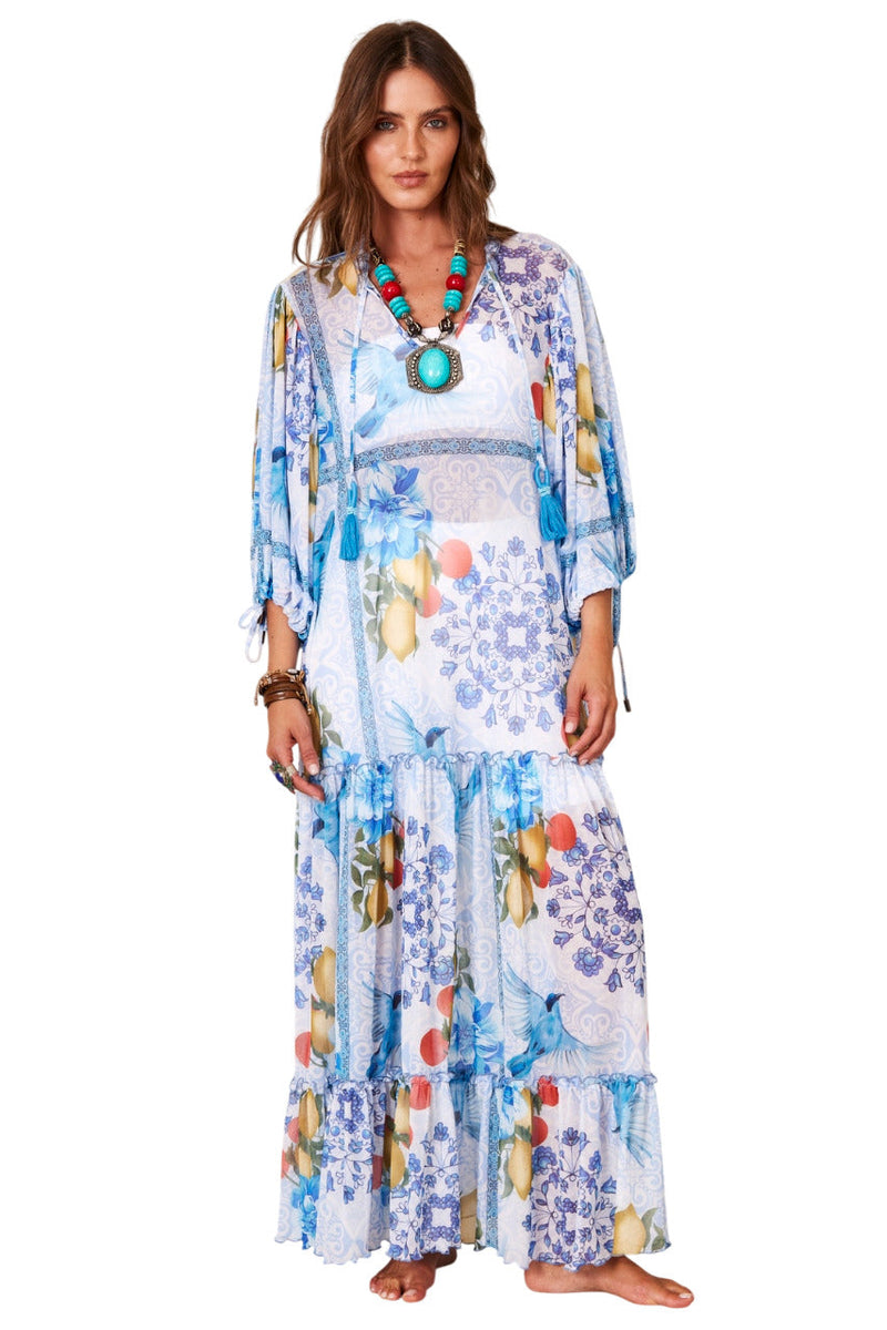 Vestido Longo De Tule Azul  Estampado Yacamim D12