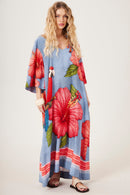 Vestido Longo Decote Ombro A Ombro Azul Estampa Arara Yacamim D27