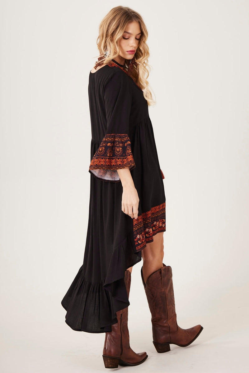 Vestido Mullet Mangas 3/8 Preto Estampado Yacamim D27