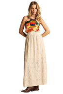 Saia Longa De Linho Evasê Bege Bordada Yacamim I8