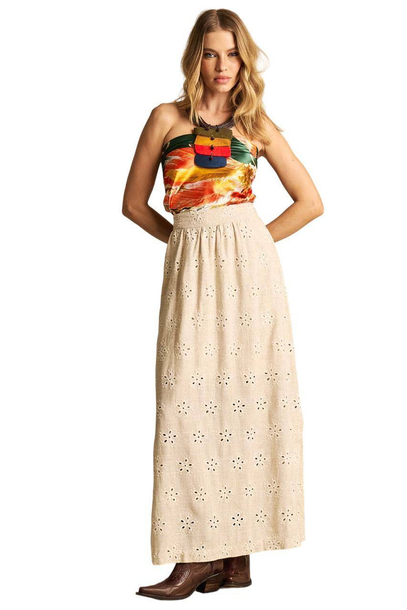 Saia Longa De Linho Evasê Bege Bordada Yacamim I8