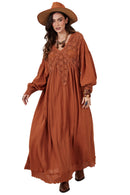 Vestido Longo Com Rendas E Crochê Marrom Yacamim D16