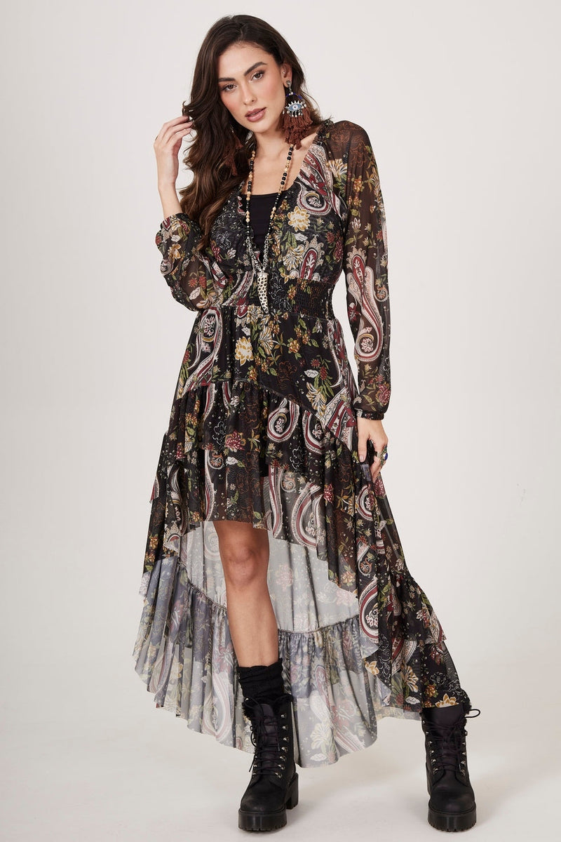 Vestido Mullet De Tule Preto Estampa Cashmere Yacamim E5