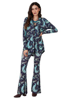 Calça Flare Com Bolsos Azul Estampa Cashmere Yacamim A15